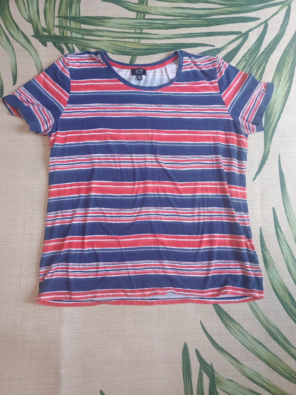 Jones New York Navy and Red Striped Short Sleeve Tee